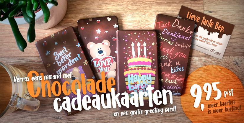 Chocolade cadeaukaarten €9,95 p/st - Meer kaarten is meer korting!